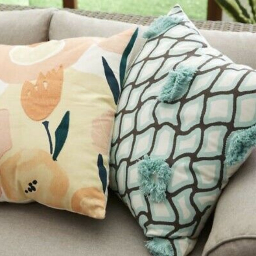 Pier 1 Imports Modern Geometric Teal, Brown Pillows w/Fringe Set of 2 Bundle NWT